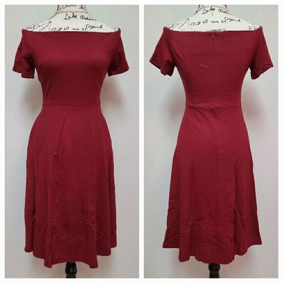 ❤️ Off Shoulder Short Sleeve Cocktail Burgundy Dress with Pockets SIZES M, L NEW - Picture 6 of 16
